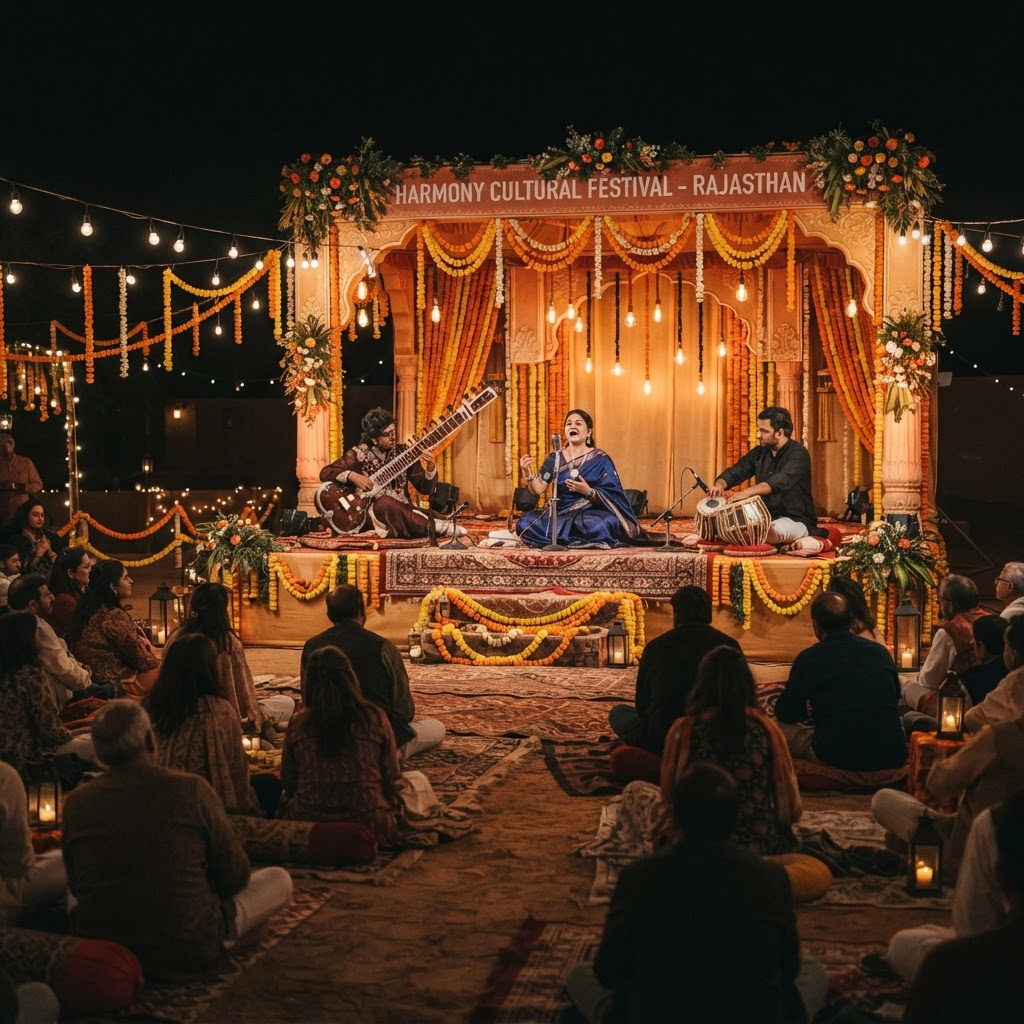 Evening cultural festival stage with Indian classical musicians performing