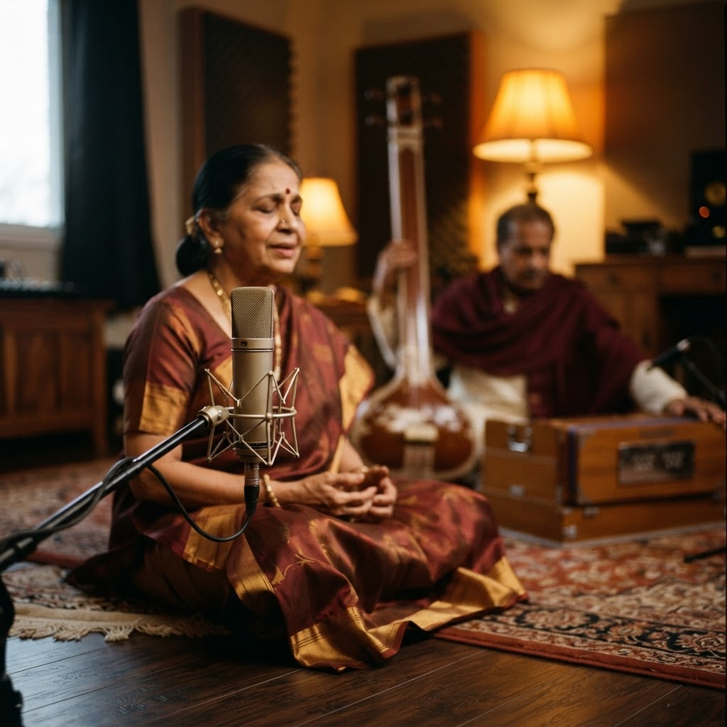Recording studio session with a vintage microphone and Indian classical instruments