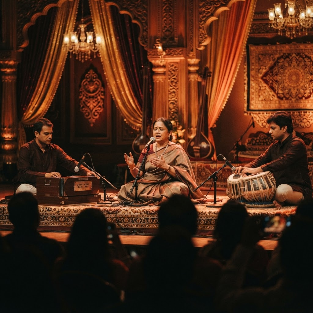 Hindustani classical concert with vocalist and accompanists on a warmly lit stage