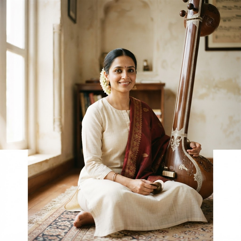 Portrait of the founder of Samarpan Music seated beside a tanpura